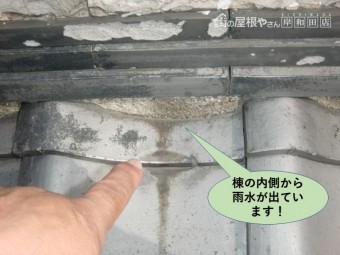 岸和田市の屋根の棟の内側から雨水が出ています!
