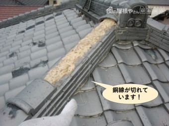貝塚市の棟の銅線が切れています