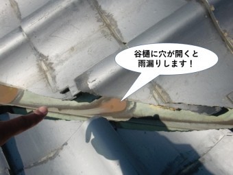 泉佐野市で谷樋に穴が開くと雨漏りします
