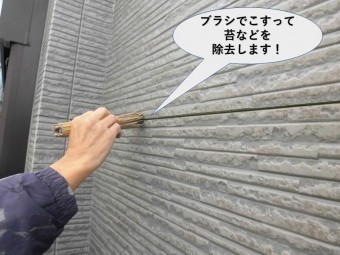貝塚市の外壁横目地をブラシでこすって苔などを除去します!