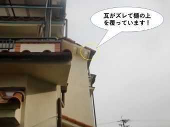 泉南市の瓦がズレて樋に被さっています