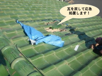 岸和田市の地瓦を戻して応急処置します