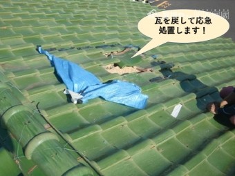 岸和田市の地瓦を戻して応急処置します