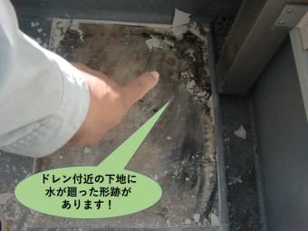 貝塚市のベランダのドレン付近の下地に水が廻った形跡があります