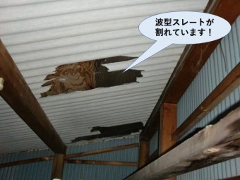 忠岡町の納屋の波型スレートが割れています