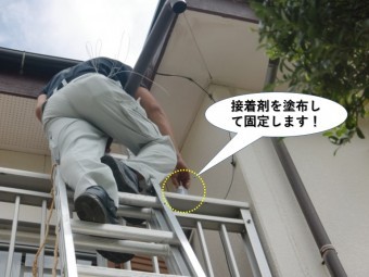 貝塚市の樋に接着剤を塗布して樋を固定します