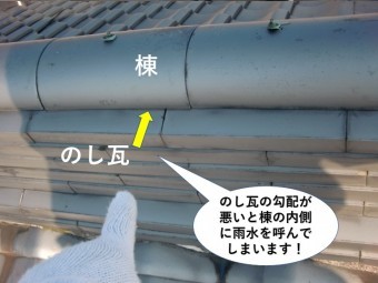 貝塚市ののし瓦の勾配が悪い可能性があります