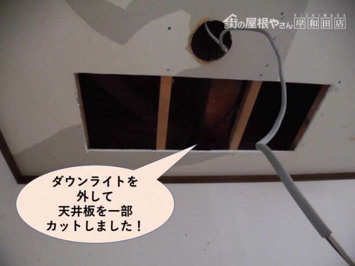 岸和田市のダウンライトを外して天井板を一部カット