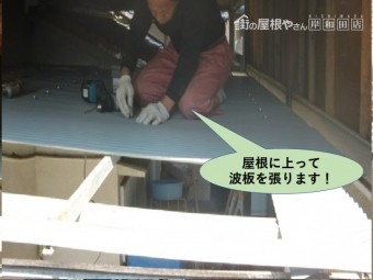 堺市中区の屋根に上って波板を張ります
