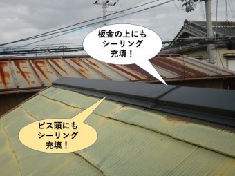 熊取町の棟板金の継ぎ目の上にもシーリング充填