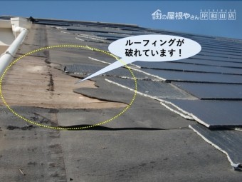 岸和田市の屋根のルーフィングが破れています