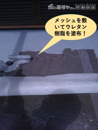 岸和田市のベランダにメッシュを敷いてウレタン樹脂を塗布