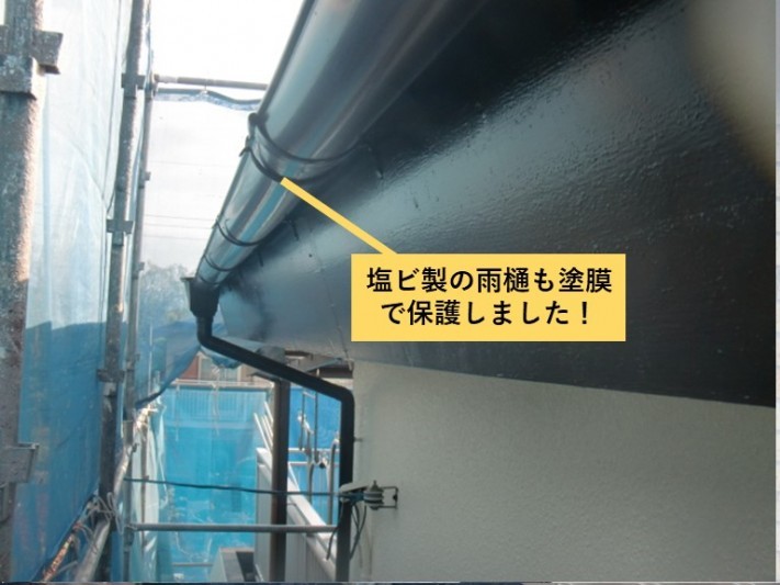 貝塚市の塩ビ製の雨樋も塗膜で保護しました