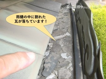 岸和田市で雨樋の中に割れた瓦が落ちています
