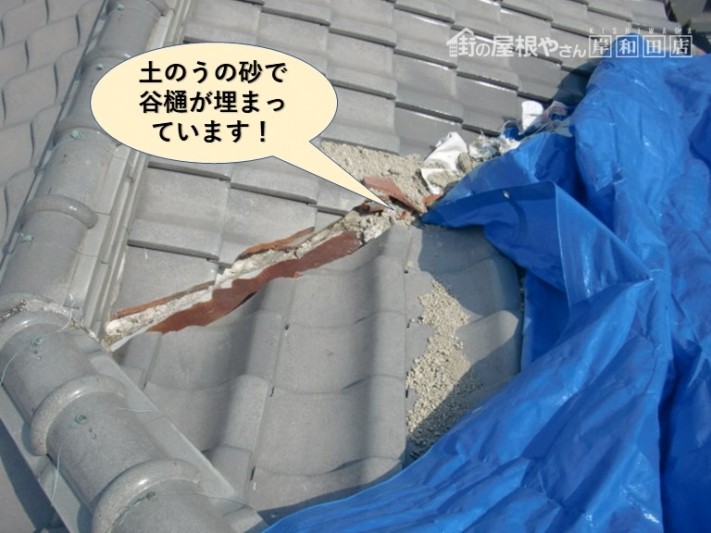 岸和田市の屋根の土のうの砂で谷樋が詰まっています