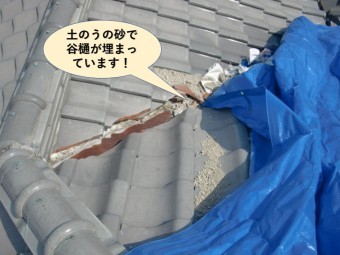 岸和田市の屋根の土のうの砂で谷樋が詰まっています