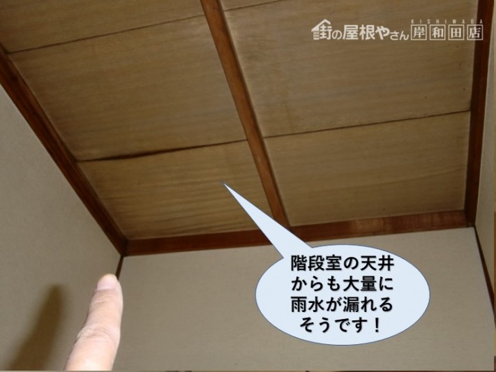 泉佐野市の階段室の天井からも大量に雨漏りしています