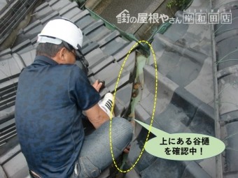 岸和田市の雨漏り箇所の上にある谷樋を確認中!