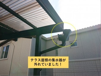 貝塚市のテラス屋根の集水器が外れていました