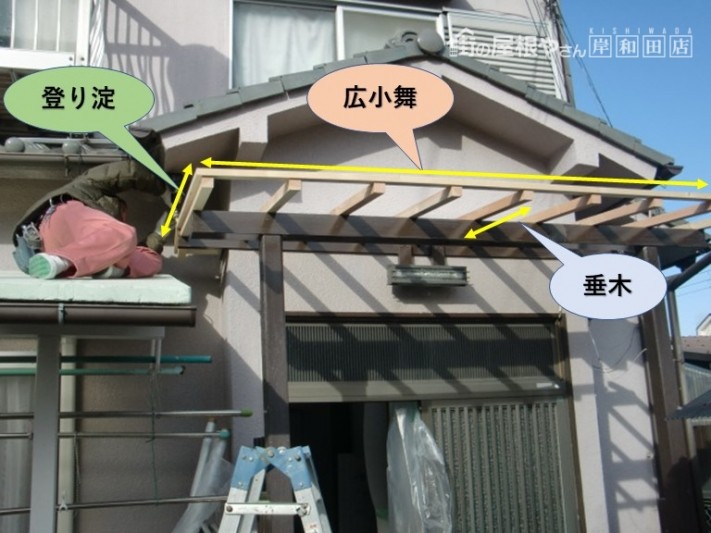 泉大津市の玄関先の屋根の垂木・広小舞・上り淀