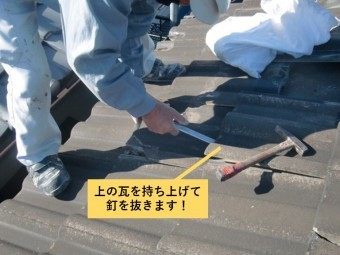 和泉市の上の瓦を持ち上げて釘を抜きます!