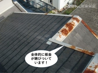 忠岡町の屋根の全体的に板金が錆びついています