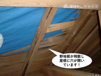 熊取町の野地板が飛散し屋根に穴が開いています
