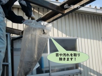 岸和田市のテラス屋根の雨樋の苔や汚れを取り除きます