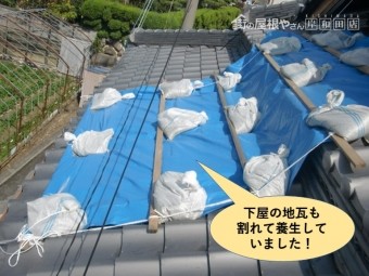 岸和田市の下屋の地瓦も割れて養生していました