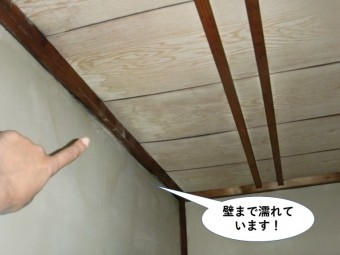 貝塚市の雨漏りが壁まで濡れています