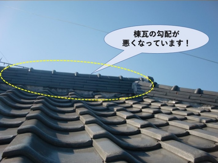 和泉市の棟瓦の勾配が悪くなっています!