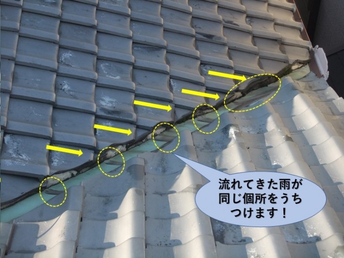 泉大津市の屋根からの雨が谷樋に集まります!