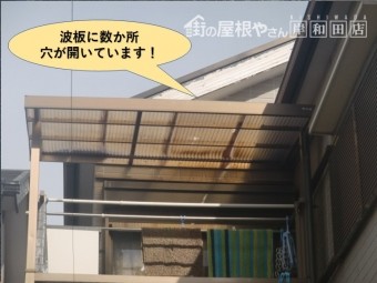 和泉市の波板に数か所穴が開いています