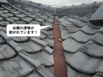 岸和田市の谷樋の漆喰が剥がれています