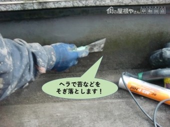 岸和田市のバルコニーのヘラで苔をそぎ落とします!
