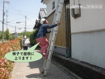 泉佐野市で梯子で屋根に上ります!