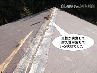 岸和田市の棟の貫板が腐食して耐久性が落ちている状態でした