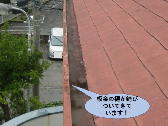 岸和田市の屋根の板金の樋が錆びついてきています