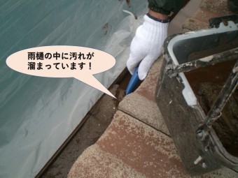 岸和田市の洗浄で雨樋の中に汚れが溜まっています