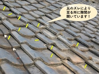 岸和田市の瓦がズレて隙間が開いています