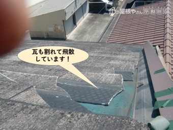 泉大津市の瓦も割れて飛散しています
