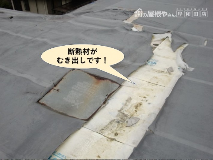 貝塚市の陸屋根の断熱材がむき出しです
