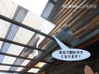 岸和田市のカーポートの塩ビ製の波板は劣化で割れやすくなります