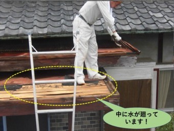 泉北郡忠岡町の玄関屋根の内側に水が廻っています