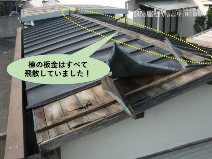泉北郡忠岡町の棟の板金はすべて飛散していました