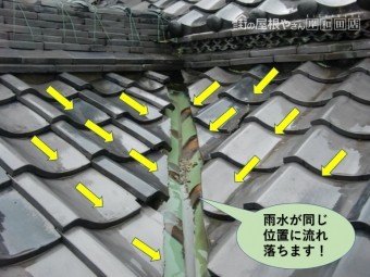 岸和田市の屋根に落ちる雨水が同じ位置に流れ落ちます
