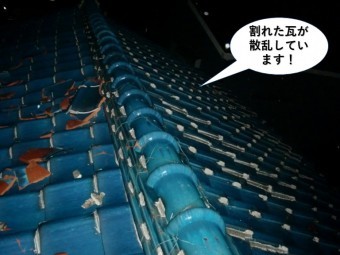 岸和田市で割れた瓦が散乱しています