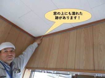 岸和田市の増築部の窓の上にも濡れた跡があります