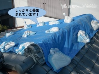 岸和田市の屋根をしっかりと養生されています