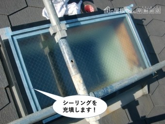 和泉市の天窓のガラス周りにシーリングを充填